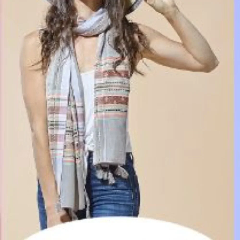 NWT TICKLED PINK Gray Aztec Plaid Tassel Scarf | SZ 70
